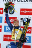 Winner Gabriela Soukalova celebrates on podium during the winner presentation after womens 12,5 km Mass Start of Ruhpolding BMW IBU Biathlon World Cup at the Biathlonarena in Ruhpolding, Germany on 2016/01/16.
