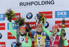 Second placed Franziska Hildebrand, winner Gabriela Soukalova und third placed Laura Dahlmeier celebrates on podium during the winner presentation after Women 12,5 km Mass Start of Ruhpolding BMW IBU Biathlon World Cup at the Biathlonarena in Ruhpolding, Germany on 2016/01/16.

