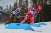 Benedikt Doll of Germany, Alexander Os of Norway during men sprint race of IBU Biathlon World Cup in Canmore, Alberta, Canada. Men sprint race of IBU Biathlon World cup was held in Canmore, Alberta, Canada, on Thursday, 4th of February 2016.
