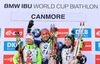 Krystyna Guzik of Poland, Olena Pidhrushna of Ukraine, Dorothea Wierer of Italy during women sprint race of IBU Biathlon World Cup in Canmore, Alberta, Canada. Men sprint race of IBU Biathlon World cup was held in Canmore, Alberta, Canada, on Friday, 5th of February 2016.
