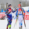 Kaisa Makarainen of Finland (R) and Anais Bescond of France (L) during women mass start race of IBU Biathlon World Cup in Canmore, Alberta, Canada. Men sprint race of IBU Biathlon World cup was held in Canmore, Alberta, Canada, on Friday, 5th of February 2016.
