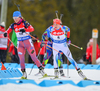 Ekaterina Yurlova of Russia, Kaisa Makarainen of Finland during women mass start race of IBU Biathlon World Cup in Canmore, Alberta, Canada. Men sprint race of IBU Biathlon World cup was held in Canmore, Alberta, Canada, on Friday, 5th of February 2016.
