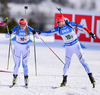 Sanna Markkanen of Finland (L) and Matti Hakala of Finland during mixed relay race of IBU Biathlon World Cup in Canmore, Alberta, Canada. Mixed relay race of IBU Biathlon World cup was held in Canmore, Alberta, Canada, on Sunday, 7th of February 2016.
