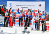 Second placed Simon Eder and Lisa Theresa Hauser of Austria (L), winners Martin Fourcade and Marie Dorin Habert of France (M) and third placed Hilde Fenne and Lars Helge Birkeland of Norway (R) during mixed relay race of IBU Biathlon World Cup in Canmore, Alberta, Canada. Mixed relay race of IBU Biathlon World cup was held in Canmore, Alberta, Canada, on Sunday, 7th of February 2016.
