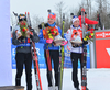 Fourth placed Marie Dorin-Habert of France (L), fifth placed Kaisa Makarainen of Finland (M) and sixth placed Selina Gasparin of Switzerland (R) celebrate their success in the women sprint race of IBU Biathlon World Cup in Presque Isle, Maine, USA. Women sprint race of IBU Biathlon World cup was held in Presque Isle, Maine, USA, on Thursday, 11th of February 2016.
