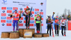 Second placed, Susan Dunklee of USA (L), winner Gabriela Soulklaova of Czech (2nd from L) third placed Krystyna Guzik of Poland (3rd from L), fourth placed Marie Dorin-Habert of France (3rd from R), fifth placed Kaisa Makarainen of Finland (2nd from R) and sixth placed Selina Gasparin of Switzerland (R) celebrate their medals won in the women sprint race of IBU Biathlon World Cup in Presque Isle, Maine, USA. Women sprint race of IBU Biathlon World cup was held in Presque Isle, Maine, USA, on Thursday, 11th of February 2016.
