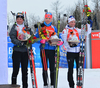 Fourth placed Marie Dorin-Habert of France (L), fifth placed Kaisa Makarainen of Finland (M) and sixth placed Selina Gasparin of Switzerland (R) celebrate their success in the women sprint race of IBU Biathlon World Cup in Presque Isle, Maine, USA. Women sprint race of IBU Biathlon World cup was held in Presque Isle, Maine, USA, on Thursday, 11th of February 2016.
