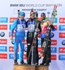 Second placed Anton Shipulin of Russia (L), winner Johannes Thingnes Boe of Norway (M) and third placed  Martin Fourcade of France (R) during men sprint race of IBU Biathlon World Cup in Presque Isle, Maine, USA. Men sprint race of IBU Biathlon World cup was held in Presque Isle, Maine, USA, on Thursday, 11th of February 2016.
