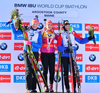 Winner Gabriela Soukalova of Czech (M), second placed Kaisa Makarainen of Finland (L) and third placed Marie Dorin-Habert of France (R), celebrate their medals won in the women pursuit race of IBU Biathlon World Cup in Presque Isle, Maine, USA. Women pursuit race of IBU Biathlon World cup was held in Presque Isle, Maine, USA, on Friday, 12th of February 2016.
