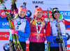 Winner Gabriela Soukalova of Czech (M), second placed Kaisa Makarainen of Finland (L) and third placed Marie Dorin-Habert of France (R), celebrate their medals won in the women pursuit race of IBU Biathlon World Cup in Presque Isle, Maine, USA. Women pursuit race of IBU Biathlon World cup was held in Presque Isle, Maine, USA, on Friday, 12th of February 2016.
