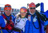 Second placed Kaisa Makarainen (M) with coaches Henri Rauhamaki (L) and Ville Kotikumpu (R) after women pursuit race of IBU Biathlon World Cup in Presque Isle, Maine, USA. Women pursuit race of IBU Biathlon World cup was held in Presque Isle, Maine, USA, on Friday, 12th of February 2016.
