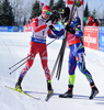Winner Martin Fourcade of France (R) and second placed Johannes Thingnes Boe of Norway (L) during men pursuit race of IBU Biathlon World Cup in Presque Isle, Maine, USA. Men pursuit race of IBU Biathlon World cup was held in Presque Isle, Maine, USA, on Friday, 12th of February 2016.
