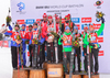 Winning team of Norway (M), second placed France and third placed Germany during men relay race of IBU Biathlon World Cup in Presque Isle, Maine, USA. Men relay race of IBU Biathlon World cup was held in Presque Isle, Maine, USA, on Saturday, 13th of February 2016.
