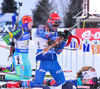 Yuliya Dzhma of Ukraine and SOUKALOVA Gabriela of Czech during women relay race of IBU Biathlon World Cup in Presque Isle, Maine, USA. Women relay race of IBU Biathlon World cup was held in Presque Isle, Maine, USA, on Saturday, 13th of February 2016.
