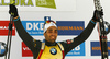 Winner Martin Fourcade of France celebrates his victory in the men sprint race of IBU Biathlon World Cup in Pokljuka, Slovenia. Women sprint race of IBU Biathlon World cup was held in Pokljuka, Slovenia, on Friday, 9th of December 2016.
