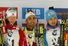 Winner Martin Fourcade of France (M), second placed Johannes Thingnes Boe of Norway (L) and third placed Anton Shipulin of Russia (R) celebrate their medals won in the men sprint race of IBU Biathlon World Cup in Pokljuka, Slovenia. Women sprint race of IBU Biathlon World cup was held in Pokljuka, Slovenia, on Friday, 9th of December 2016.
