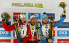 Winner Martin Fourcade of France (M), second placed Johannes Thingnes Boe of Norway (L) and third placed Anton Shipulin of Russia (R) celebrate their medals won in the men sprint race of IBU Biathlon World Cup in Pokljuka, Slovenia. Women sprint race of IBU Biathlon World cup was held in Pokljuka, Slovenia, on Friday, 9th of December 2016.
