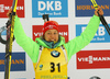 Winner Laura Dahlmeier of Germany celebrates her victory in the women sprint race of IBU Biathlon World Cup in Pokljuka, Slovenia. Women sprint race of IBU Biathlon World cup was held in Pokljuka, Slovenia, on Friday, 9th of December 2016.
