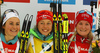 Winner Laura Dahlmeier of Germany (M), second placed Justine Braisaz of France (L) and third placed Marte Olsbu of Norway (R) celebrate their medals won in the women sprint race of IBU Biathlon World Cup in Pokljuka, Slovenia. Women sprint race of IBU Biathlon World cup was held in Pokljuka, Slovenia, on Friday, 9th of December 2016.
