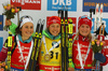 Winner Laura Dahlmeier of Germany (M), second placed Justine Braisaz of France (L) and third placed Marte Olsbu of Norway (R) celebrate their medals won in the women sprint race of IBU Biathlon World Cup in Pokljuka, Slovenia. Women sprint race of IBU Biathlon World cup was held in Pokljuka, Slovenia, on Friday, 9th of December 2016.
