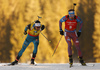 Martin Fourcade of France (L) and Anton Shipulin of Russia (R) during the men pursuit race of IBU Biathlon World Cup in Pokljuka, Slovenia.  Men pursuit race of IBU Biathlon World cup was held in Pokljuka, Slovenia, on Saturday, 10th of December 2016.
