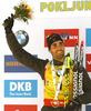 Winner Martin Fourcade of France celebrates his medal won in the men pursuit race of IBU Biathlon World Cup in Pokljuka, Slovenia.  Men pursuit race of IBU Biathlon World cup was held in Pokljuka, Slovenia, on Saturday, 10th of December 2016.
