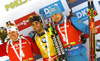 Winner Martin Fourcade of France (M), second placed Emil Hegle Svendsen of Norway (L) and third placed Anton Shipulin of Russia (R) celebrate their medals won in the men pursuit race of IBU Biathlon World Cup in Pokljuka, Slovenia.  Men pursuit race of IBU Biathlon World cup was held in Pokljuka, Slovenia, on Saturday, 10th of December 2016.
