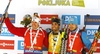 Winner Martin Fourcade of France (M), second placed Emil Hegle Svendsen of Norway (L) and third placed Anton Shipulin of Russia (R) celebrate their medals won in the men pursuit race of IBU Biathlon World Cup in Pokljuka, Slovenia.  Men pursuit race of IBU Biathlon World cup was held in Pokljuka, Slovenia, on Saturday, 10th of December 2016.
