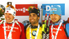 Winner Martin Fourcade of France (M), second placed Emil Hegle Svendsen of Norway (L) and third placed Anton Shipulin of Russia (R) celebrate their medals won in the men pursuit race of IBU Biathlon World Cup in Pokljuka, Slovenia.  Men pursuit race of IBU Biathlon World cup was held in Pokljuka, Slovenia, on Saturday, 10th of December 2016.
