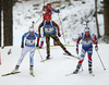 Kaisa Makarainen of Finland (L), Franziska Hildebrand of Germany (M) and Marte Olsbu of Norway (R) during the women pursuit race of IBU Biathlon World Cup in Pokljuka, Slovenia. Women pursuit race of IBU Biathlon World cup was held in Pokljuka, Slovenia, on Friday, 9th of December 2016.
