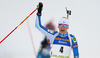 Second placed Kaisa Makarainen of Finland celebrates while crossing the finish line during the women pursuit race of IBU Biathlon World Cup in Pokljuka, Slovenia. Women pursuit race of IBU Biathlon World cup was held in Pokljuka, Slovenia, on Friday, 9th of December 2016.
