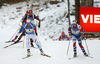 Kaisa Makarainen of Finland (L) and Marte Olsbu of Norway (R) during the women pursuit race of IBU Biathlon World Cup in Pokljuka, Slovenia. Women pursuit race of IBU Biathlon World cup was held in Pokljuka, Slovenia, on Saturday, 10th of December 2016.
