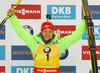 Winner Laura Dahlmeier of Germany celebrates her victory in the women pursuit race of IBU Biathlon World Cup in Pokljuka, Slovenia. Women pursuit race of IBU Biathlon World cup was held in Pokljuka, Slovenia, on Saturday, 10th of December 2016.
