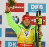 Winner Laura Dahlmeier of Germany celebrates her victory in the women pursuit race of IBU Biathlon World Cup in Pokljuka, Slovenia. Women pursuit race of IBU Biathlon World cup was held in Pokljuka, Slovenia, on Saturday, 10th of December 2016.
