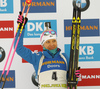 Second placed Kaisa Makarainen of Finland celebrate her medal won in the women pursuit race of IBU Biathlon World Cup in Pokljuka, Slovenia. Women pursuit race of IBU Biathlon World cup was held in Pokljuka, Slovenia, on Saturday, 10th of December 2016.
