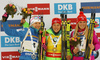 Winner Laura Dahlmeier of Germany (M), second placed Kaisa Makarainen of Finland (L), and third placed Eva Puskarcikova of Czech( R) celebrate their medals won in the women pursuit race of IBU Biathlon World Cup in Pokljuka, Slovenia. Women pursuit race of IBU Biathlon World cup was held in Pokljuka, Slovenia, on Saturday, 10th of December 2016.
