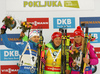 Winner Laura Dahlmeier of Germany (M), second placed Kaisa Makarainen of Finland (L), and third placed Eva Puskarcikova of Czech( R) celebrate their medals won in the women pursuit race of IBU Biathlon World Cup in Pokljuka, Slovenia. Women pursuit race of IBU Biathlon World cup was held in Pokljuka, Slovenia, on Saturday, 10th of December 2016.
