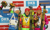 Winner Laura Dahlmeier of Germany (M), second placed Kaisa Makarainen of Finland (L), and third placed Eva Puskarcikova of Czech( R) celebrate their medals won in the women pursuit race of IBU Biathlon World Cup in Pokljuka, Slovenia. Women pursuit race of IBU Biathlon World cup was held in Pokljuka, Slovenia, on Saturday, 10th of December 2016.
