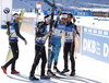 French team with Jean Guillaume Beatrix, Quentin Fillon Maillet, Simon Desthieux and Martin Fourcade celebrates their victory in finish of the men relay race of IBU Biathlon World Cup in Pokljuka, Slovenia.  Men relay race of IBU Biathlon World cup was held in Pokljuka, Slovenia, on Sunday, 11th of December 2016.
