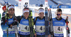 French team with Jean Guillaume Beatrix, Quentin Fillon Maillet, Simon Desthieux and Martin Fourcade celebrates their victory in finish of the men relay race of IBU Biathlon World Cup in Pokljuka, Slovenia.  Men relay race of IBU Biathlon World cup was held in Pokljuka, Slovenia, on Sunday, 11th of December 2016.
