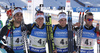 French team with Jean Guillaume Beatrix, Quentin Fillon Maillet, Simon Desthieux and Martin Fourcade celebrates their victory in finish of the men relay race of IBU Biathlon World Cup in Pokljuka, Slovenia.  Men relay race of IBU Biathlon World cup was held in Pokljuka, Slovenia, on Sunday, 11th of December 2016.
