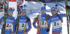 Second placed team of Russia with Maxim Tsvetkov, Anton Babikov, Matvey Eliseev and Anton Shipulin celebrate their second place in finish of the men relay race of IBU Biathlon World Cup in Pokljuka, Slovenia.  Men relay race of IBU Biathlon World cup was held in Pokljuka, Slovenia, on Sunday, 11th of December 2016.
