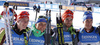 Third placed team of Germany with Erik Lesser, Matthias Dorfer, Benedikt Doll and Simon Schempp celebrate their third place in the finish of the men relay race of IBU Biathlon World Cup in Pokljuka, Slovenia.  Men relay race of IBU Biathlon World cup was held in Pokljuka, Slovenia, on Sunday, 11th of December 2016.
