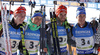 Third placed team of Germany with Erik Lesser, Matthias Dorfer, Benedikt Doll and Simon Schempp celebrate their third place in the finish of the men relay race of IBU Biathlon World Cup in Pokljuka, Slovenia.  Men relay race of IBU Biathlon World cup was held in Pokljuka, Slovenia, on Sunday, 11th of December 2016.
