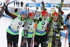 Winning team of Germany with Vanessa Hinz, Franziska Hildebrand, Maren Hammerschmidt and Laura Dahlmeier celebrate their medals won in the women relay race of IBU Biathlon World Cup in Pokljuka, Slovenia.  Women relay race of IBU Biathlon World cup was held in Pokljuka, Slovenia, on Sunday, 11th of December 2016.
