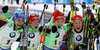 Winning team of Germany with Vanessa Hinz, Franziska Hildebrand, Maren Hammerschmidt and Laura Dahlmeier celebrate their medals won in the women relay race of IBU Biathlon World Cup in Pokljuka, Slovenia.  Women relay race of IBU Biathlon World cup was held in Pokljuka, Slovenia, on Sunday, 11th of December 2016.
