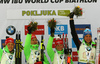 Winning team of Germany with Vanessa Hinz, Franziska Hildebrand, Maren Hammerschmidt and Laura Dahlmeier celebrate their medals won in the women relay race of IBU Biathlon World Cup in Pokljuka, Slovenia.  Women relay race of IBU Biathlon World cup was held in Pokljuka, Slovenia, on Sunday, 11th of December 2016.
