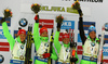 Winning team of Germany with Vanessa Hinz, Franziska Hildebrand, Maren Hammerschmidt and Laura Dahlmeier celebrate their medals won in the women relay race of IBU Biathlon World Cup in Pokljuka, Slovenia.  Women relay race of IBU Biathlon World cup was held in Pokljuka, Slovenia, on Sunday, 11th of December 2016.
