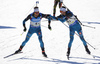 Martin Fourcade of France (L) and Simon Desthieux of France (R) during the men relay race of IBU Biathlon World Cup in Pokljuka, Slovenia. Men relay race of IBU Biathlon World cup was held in Pokljuka, Slovenia, on Sunday, 11th of December 2016.
