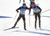 Simon Schempp of Germany (L) and Benedikt Doll of Germany (R) during the men relay race of IBU Biathlon World Cup in Pokljuka, Slovenia. Men relay race of IBU Biathlon World cup was held in Pokljuka, Slovenia, on Sunday, 11th of December 2016.
